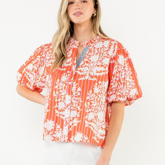NWT THML Coral Botanical Stripe Puff Sleeve Blouse - Picture 3 of 4